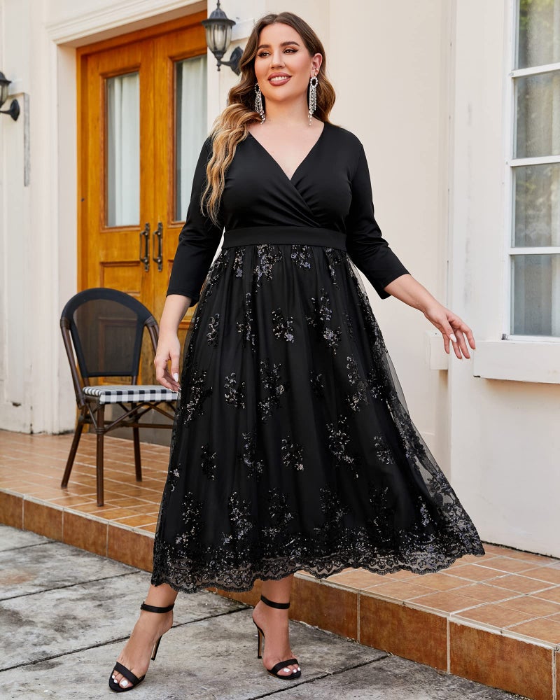 GRAPENT Women's Plus Size Sequin 3/4 Sleeves Evening Gown Party Long Maxi Dress Black Size 18W - Image 2